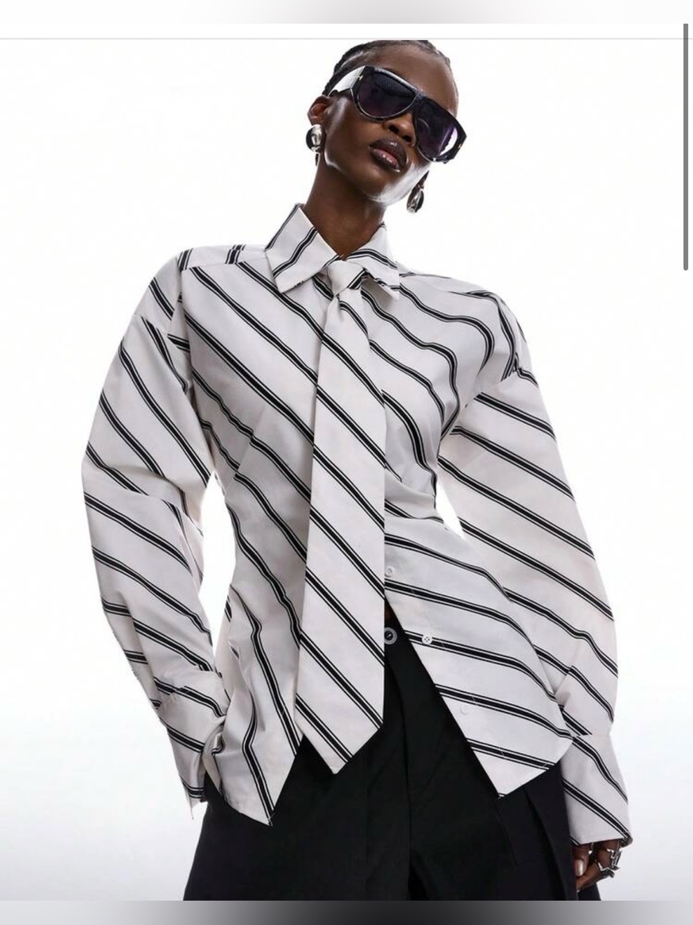White and Black Striped Long-Sleeve Shirt with Neck Tie (M). Oversized